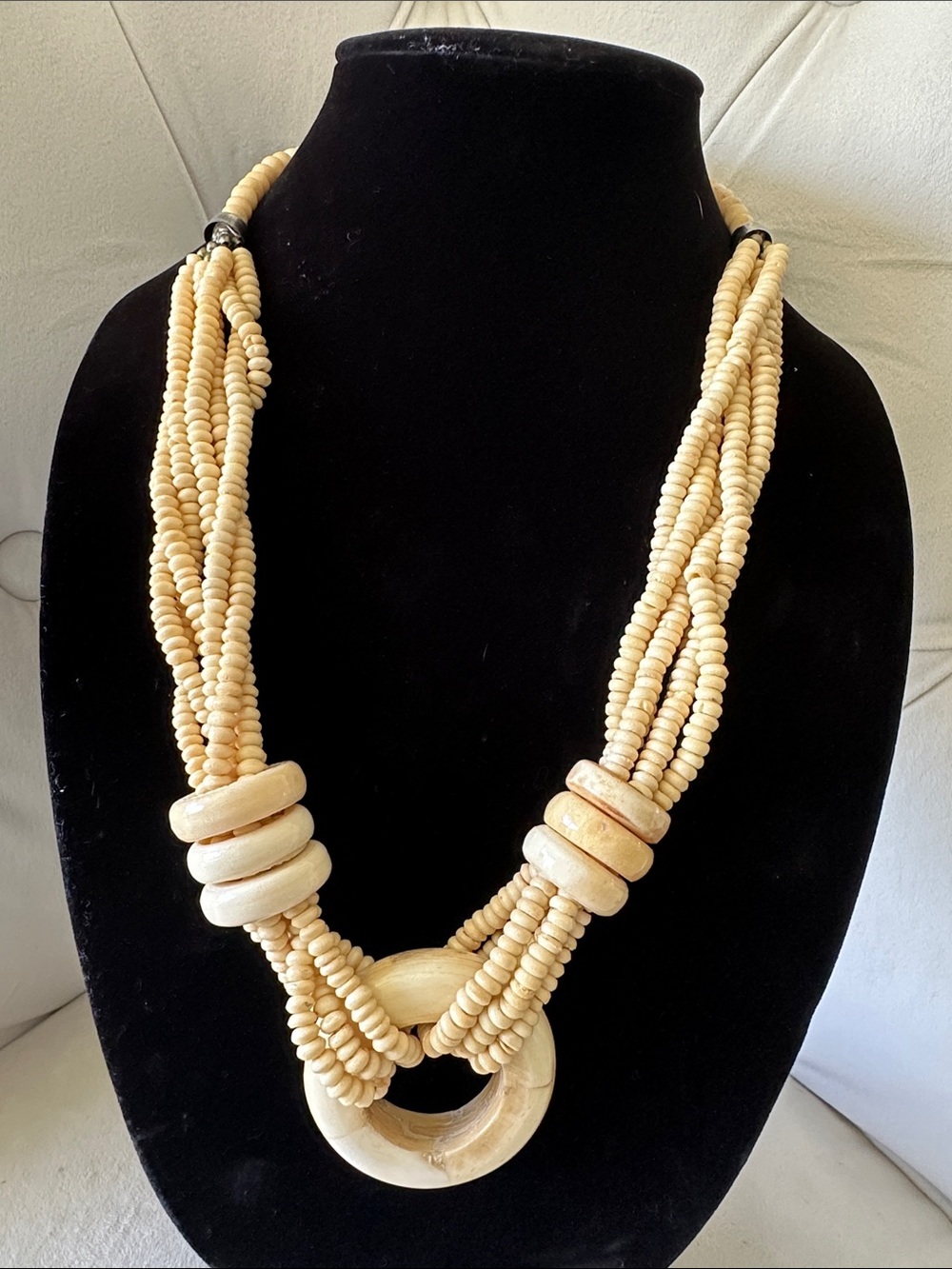 Natural Cream Multi-Strand Beaded Necklace with Ring Accent